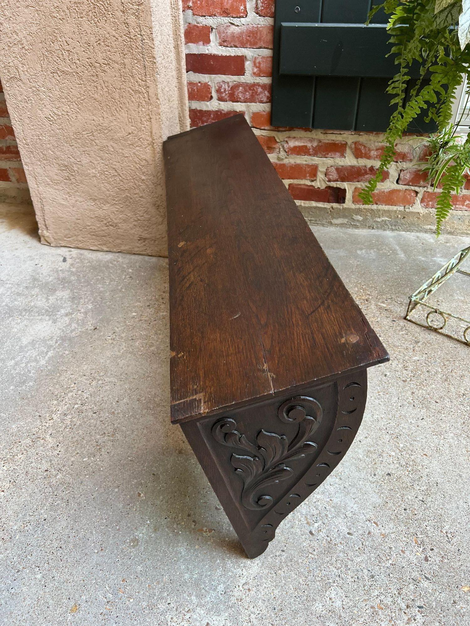 Antique French Carved Oak Wall Shelf Coat Hat Rack Farmhouse Kitchen Brass Hooks 5