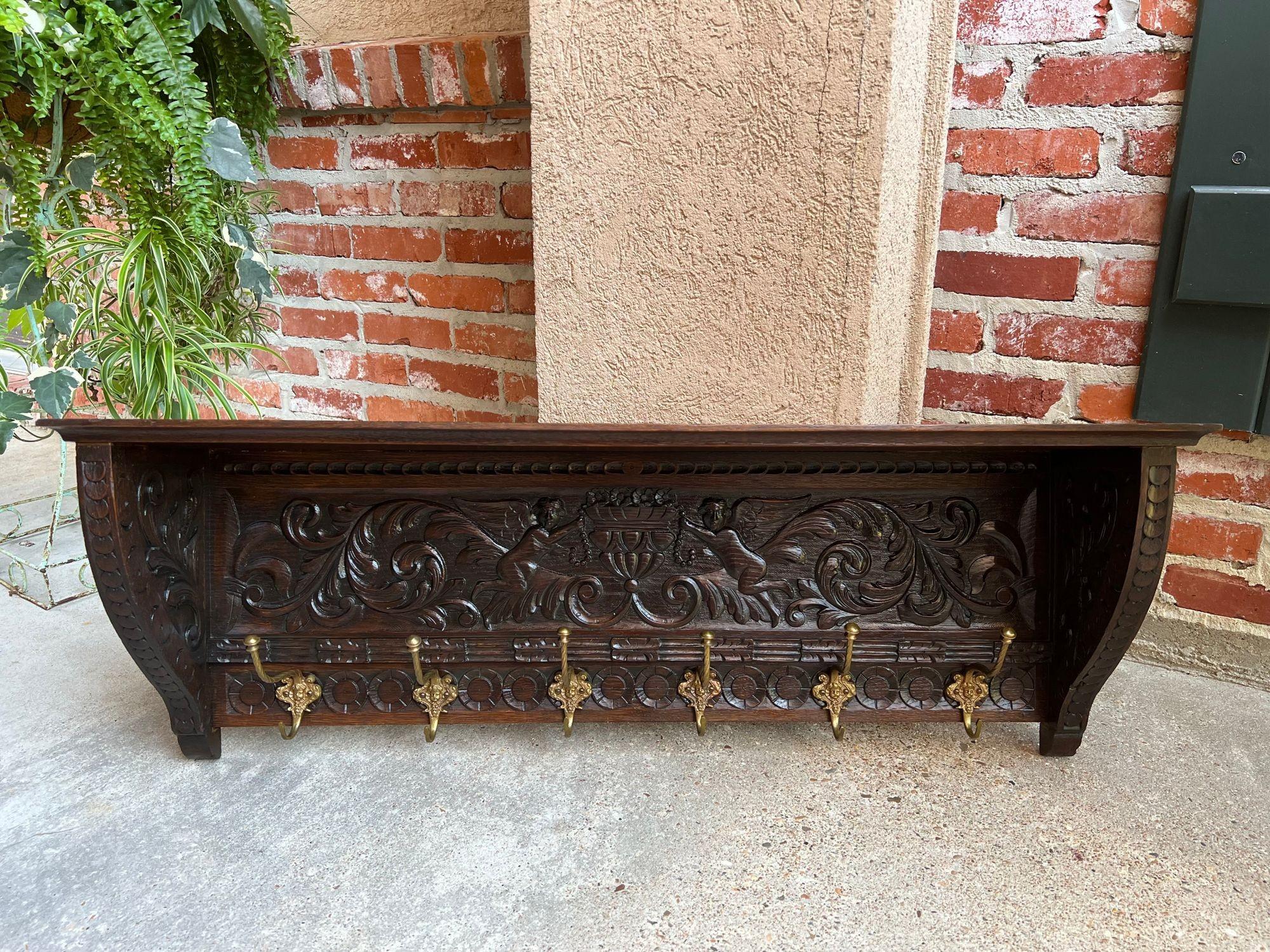 Antique French Carved Oak Wall Shelf Coat Hat Rack Farmhouse Kitchen Brass Hooks 7
