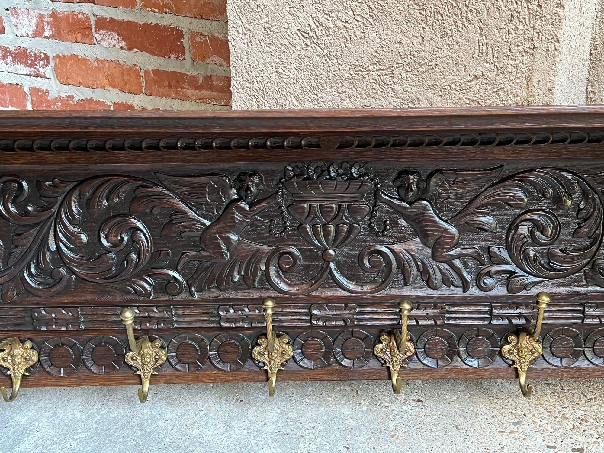 Antique French Carved Oak Wall Shelf Coat Hat Rack Farmhouse Kitchen Brass Hooks 9