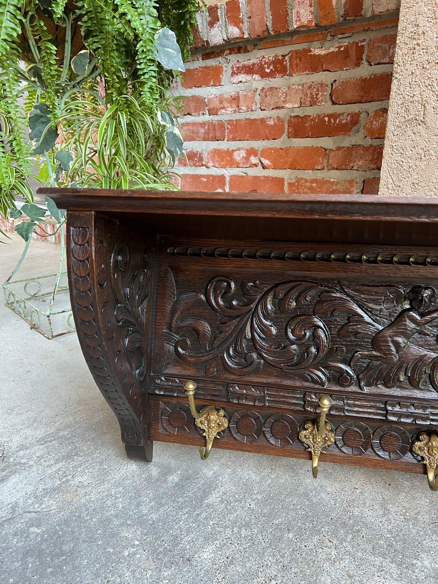 Antique French Carved Oak Wall Shelf Coat Hat Rack Farmhouse Kitchen Brass Hooks 10