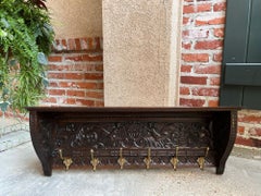 Antique French Carved Oak Wall Shelf Coat Hat Rack Farmhouse Kitchen Brass Hooks