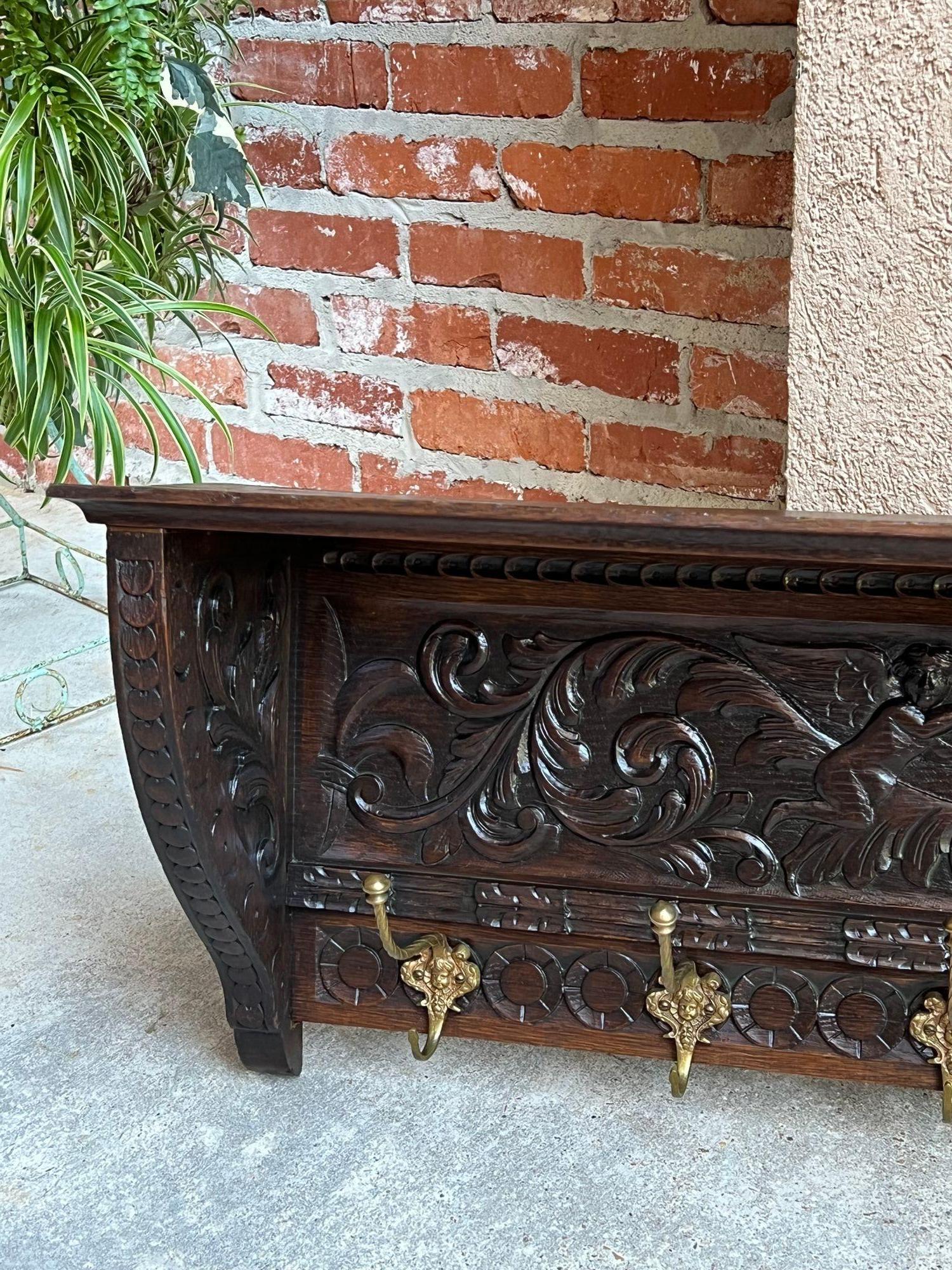 French Provincial Antique French Carved Oak Wall Shelf Coat Hat Rack Farmhouse Kitchen Brass Hooks