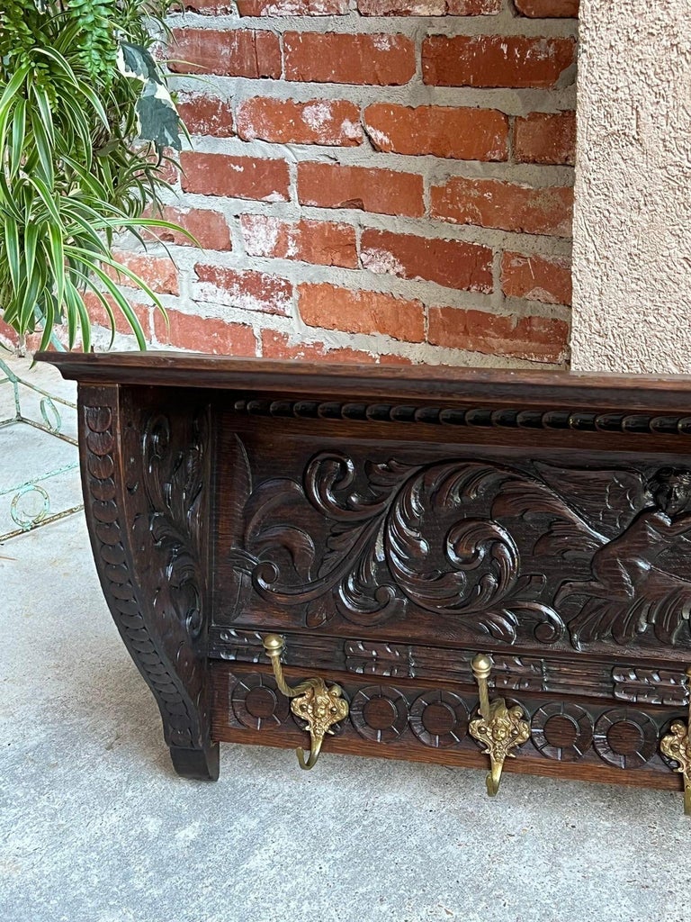 Antique French Carved Oak Wall Shelf Coat Hat Rack Farmhouse Kitchen