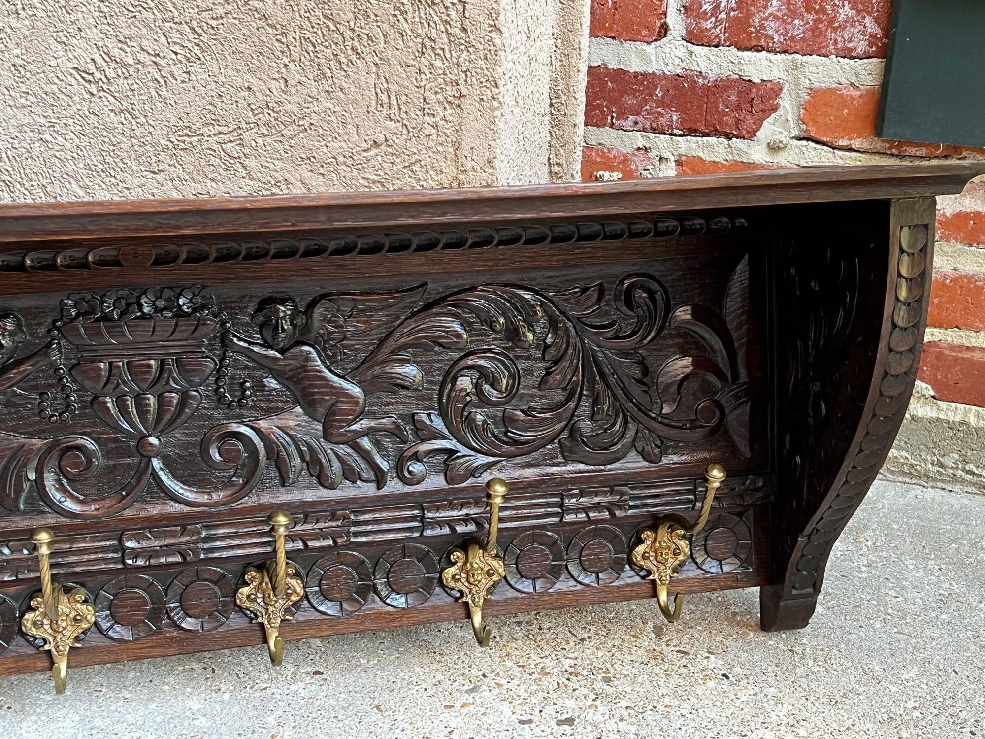 Hand-Carved Antique French Carved Oak Wall Shelf Coat Hat Rack Farmhouse Kitchen Brass Hooks