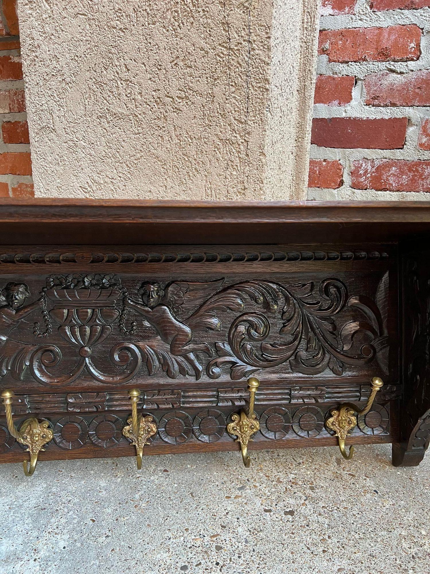 Antique French Carved Oak Wall Shelf Coat Hat Rack Farmhouse Kitchen Brass Hooks In Good Condition In Shreveport, LA