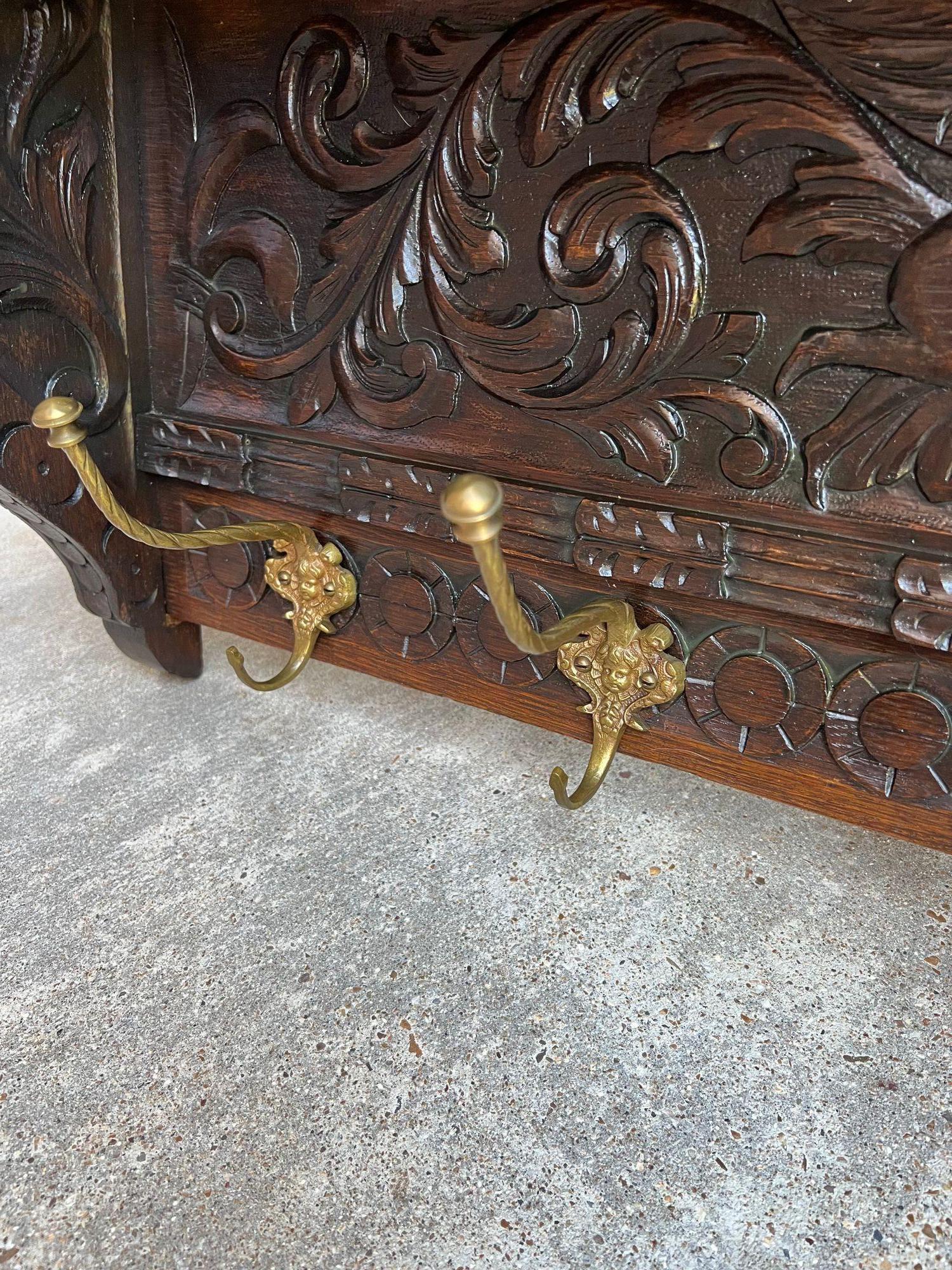 20th Century Antique French Carved Oak Wall Shelf Coat Hat Rack Farmhouse Kitchen Brass Hooks