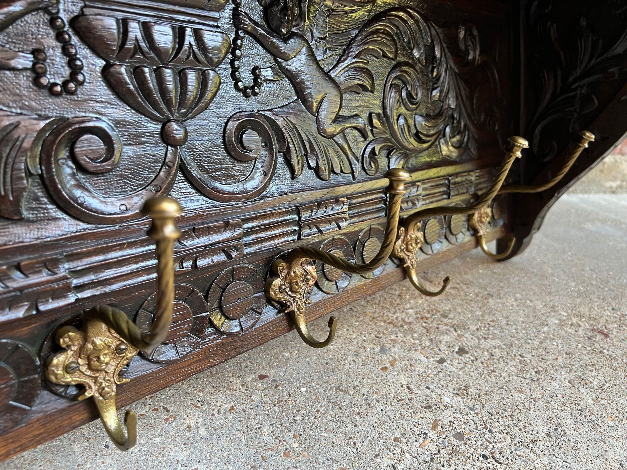 Antique French Carved Oak Wall Shelf Coat Hat Rack Farmhouse Kitchen Brass Hooks 2