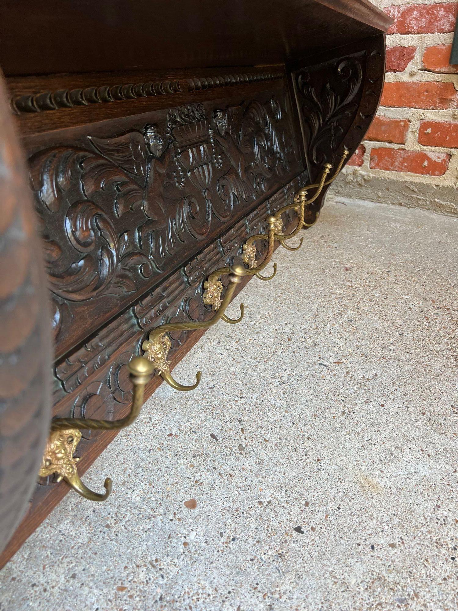Antique French Carved Oak Wall Shelf Coat Hat Rack Farmhouse Kitchen Brass Hooks 3