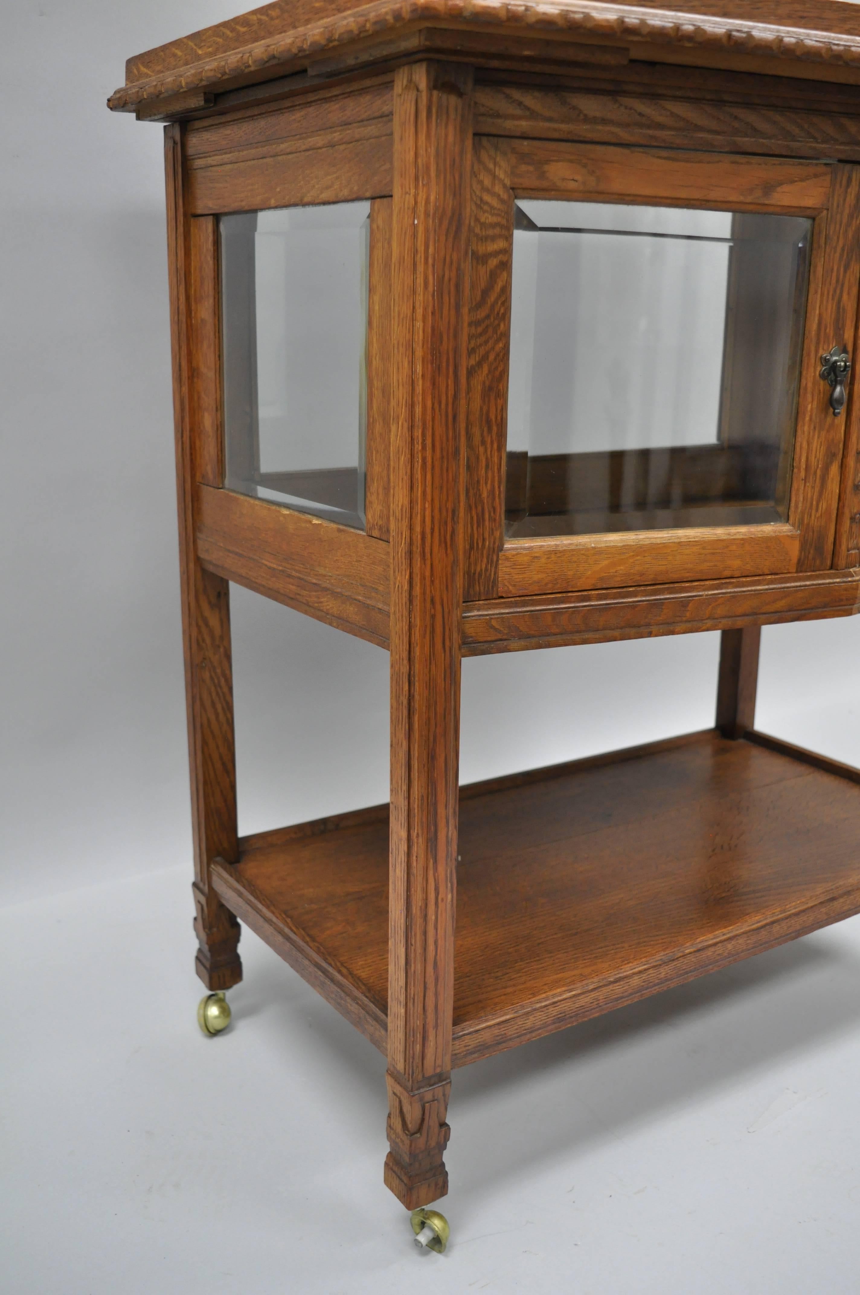 20th Century Antique French Carved Oak Wood Server Bar Cart Glass Display Cabinet Tray Table