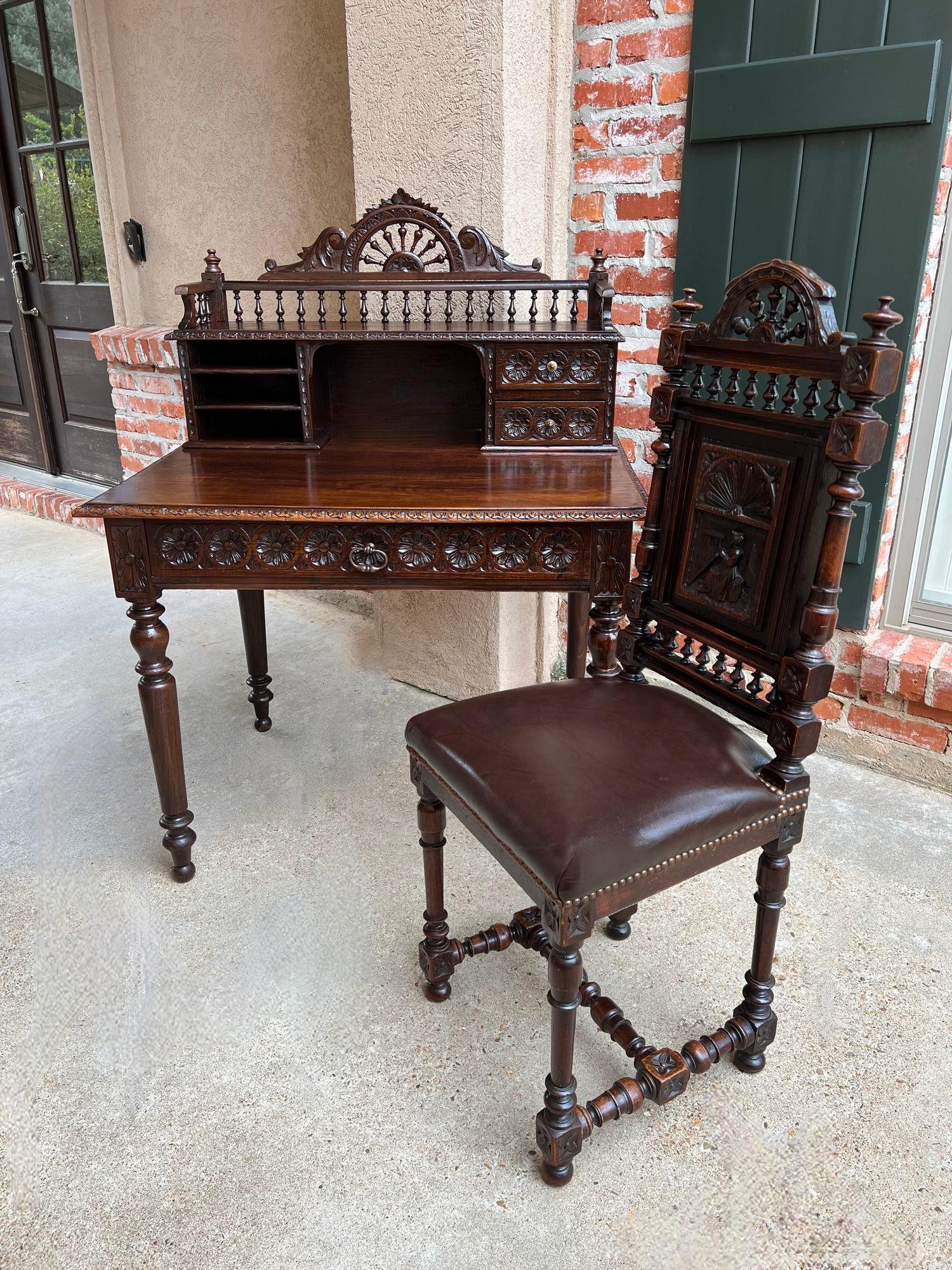 Antique French Carved Oak Writing Desk Secretary AND Chair Breton Brittany SET For Sale 6