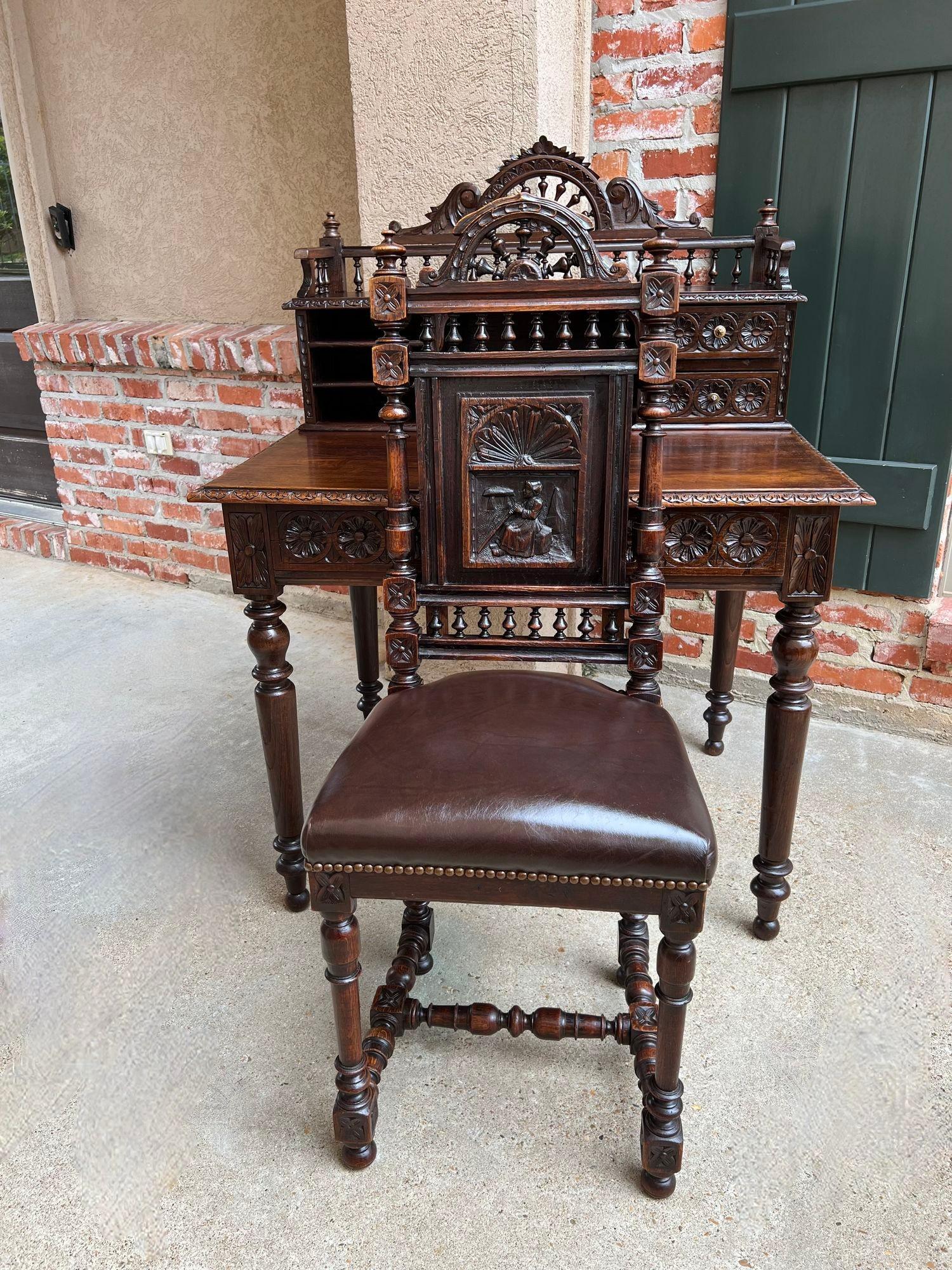 Antique French Carved Oak Writing Desk Secretary AND Chair Breton Brittany SET For Sale 11