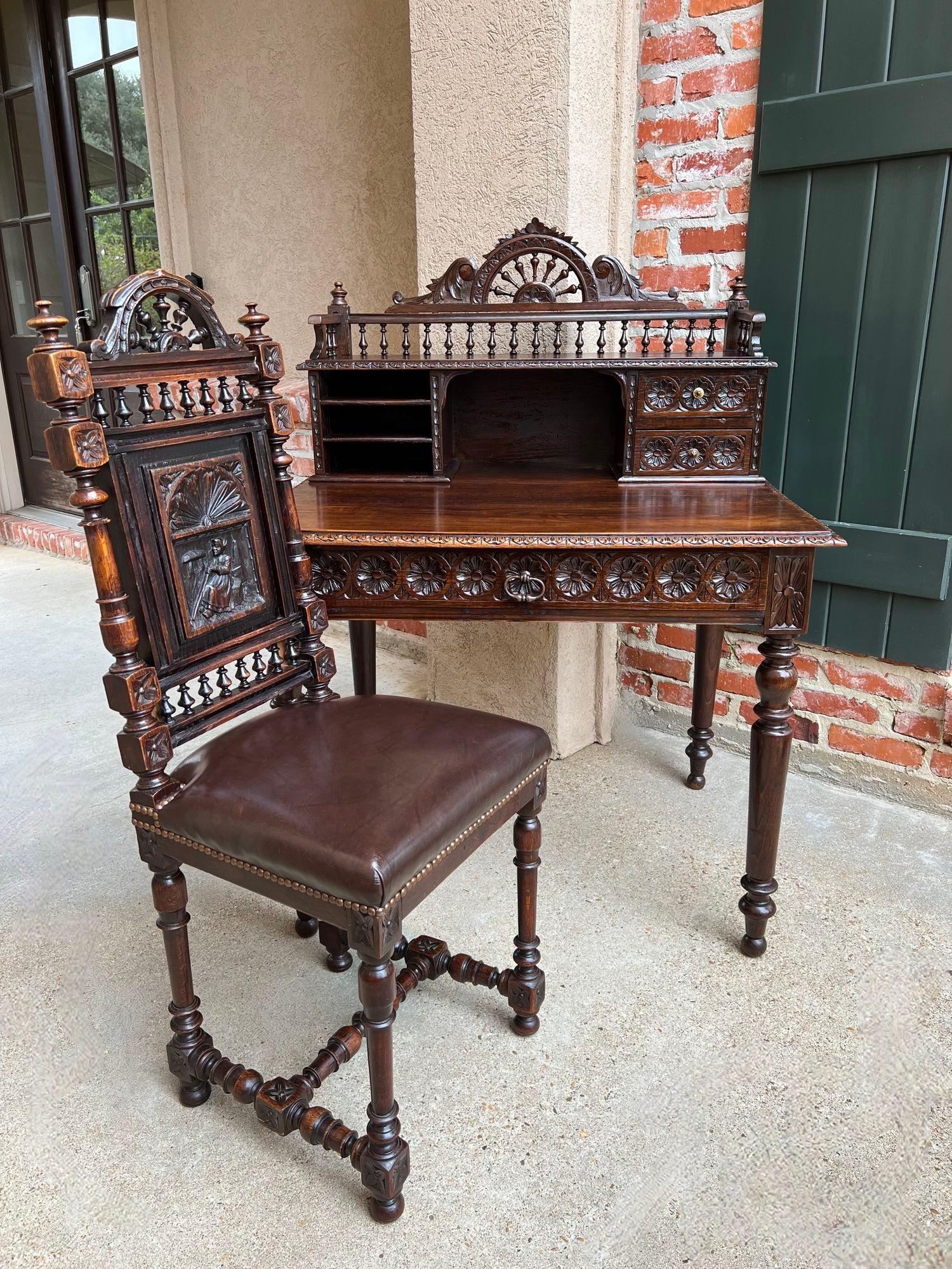 Antique French Carved Oak Writing Desk Secretary AND Chair Breton Brittany SET.

Direct from France, a wonderful antique French writing desk AND chair set with intricate Brittany detailsThe stunning writing desk features carvings around a ‘ship’s
