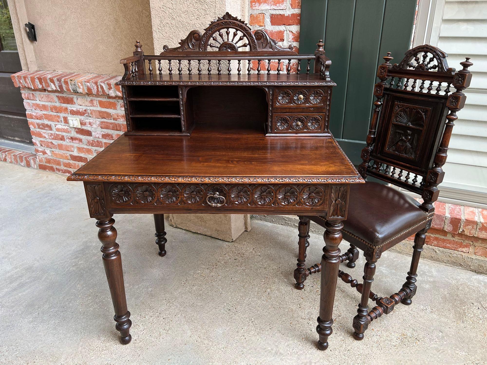 French Provincial Antique French Carved Oak Writing Desk Secretary AND Chair Breton Brittany SET For Sale