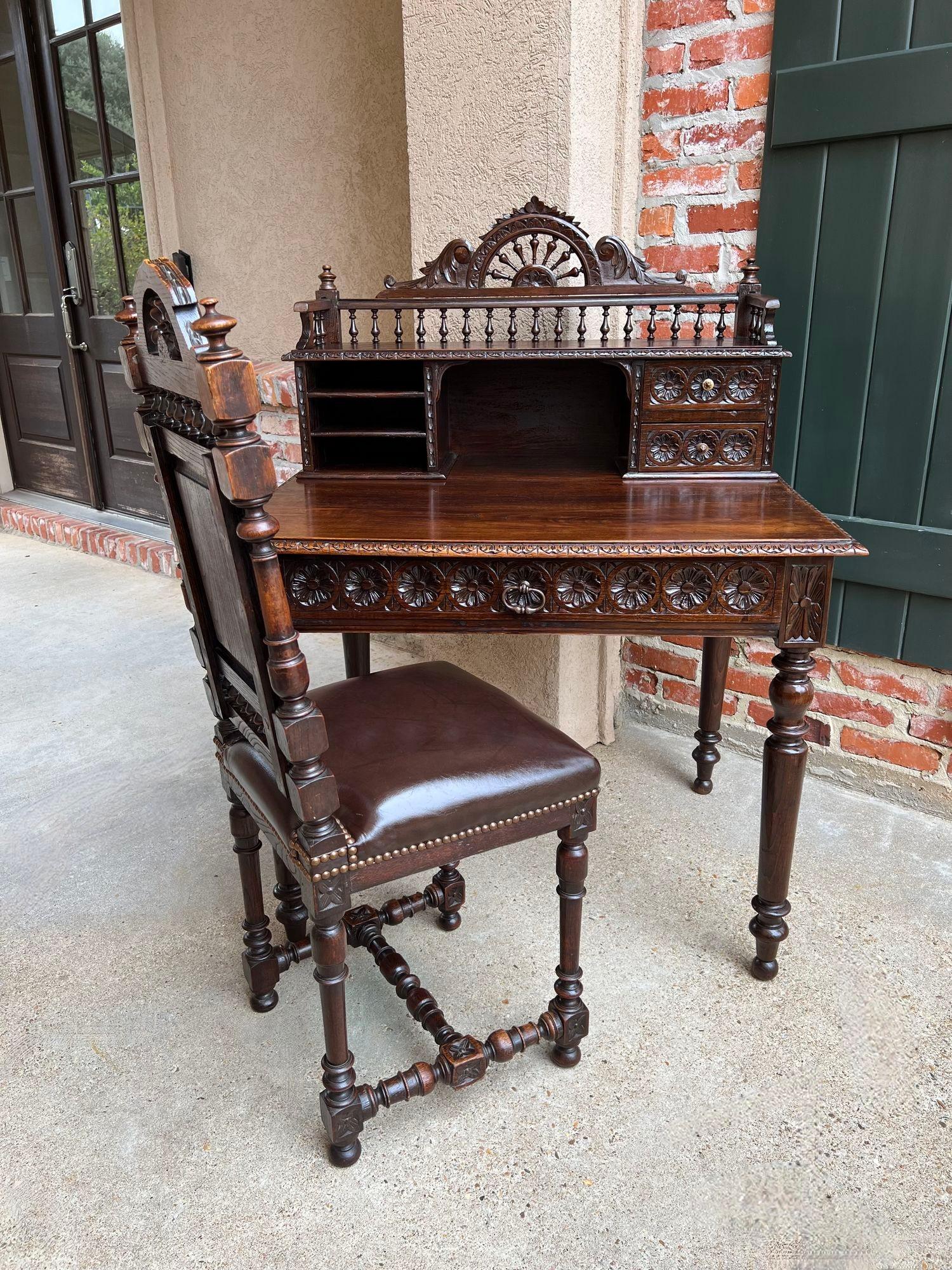 Hand-Carved Antique French Carved Oak Writing Desk Secretary AND Chair Breton Brittany SET For Sale