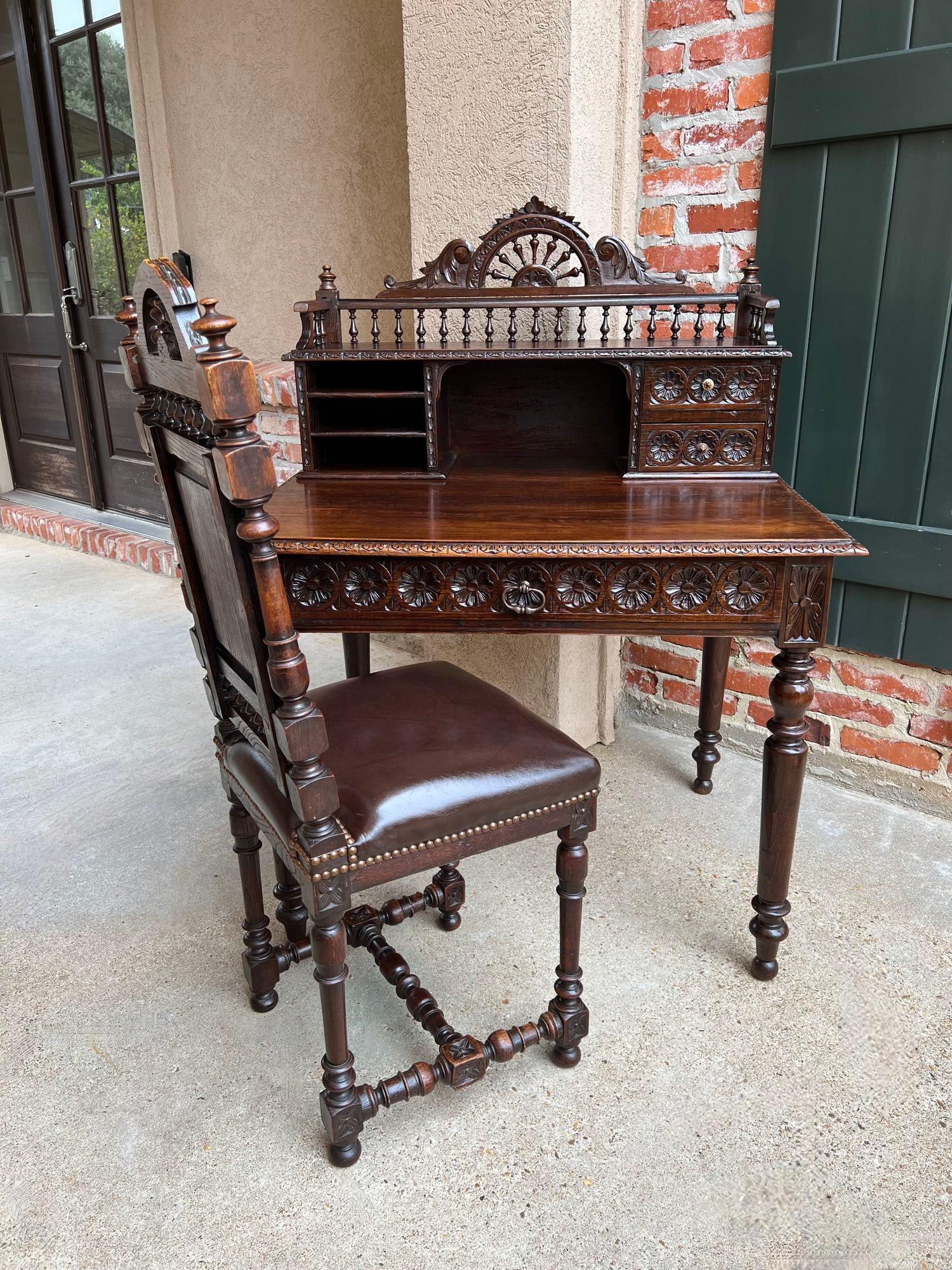 French Provincial Antique French Carved Oak Writing Desk Secretary AND Chair Breton Brittany SET