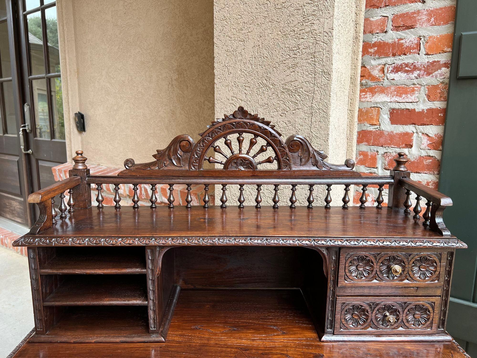Antique French Carved Oak Writing Desk Secretary AND Chair Breton Brittany SET In Excellent Condition For Sale In Shreveport, LA