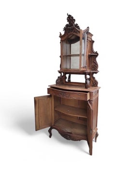 Antique French Carved Ornate Bombe Vitrine Cabinet