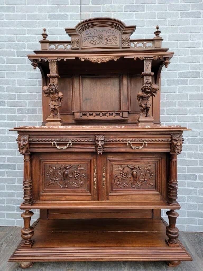 Marble Antique French Carved Ornate Walnut Figural Server Buffet Cabinet For Sale