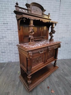 Antique French Carved Ornate Walnut Figural Server Buffet Cabinet