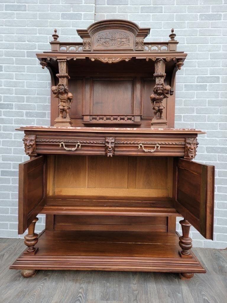 Late 19th Century Antique French Carved Ornate Walnut Figural Server Buffet Cabinet For Sale