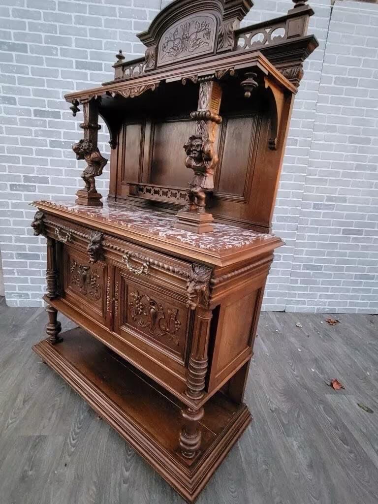 Late 19th Century Antique French Carved Ornate Walnut Figural Server Buffet Cabinet For Sale