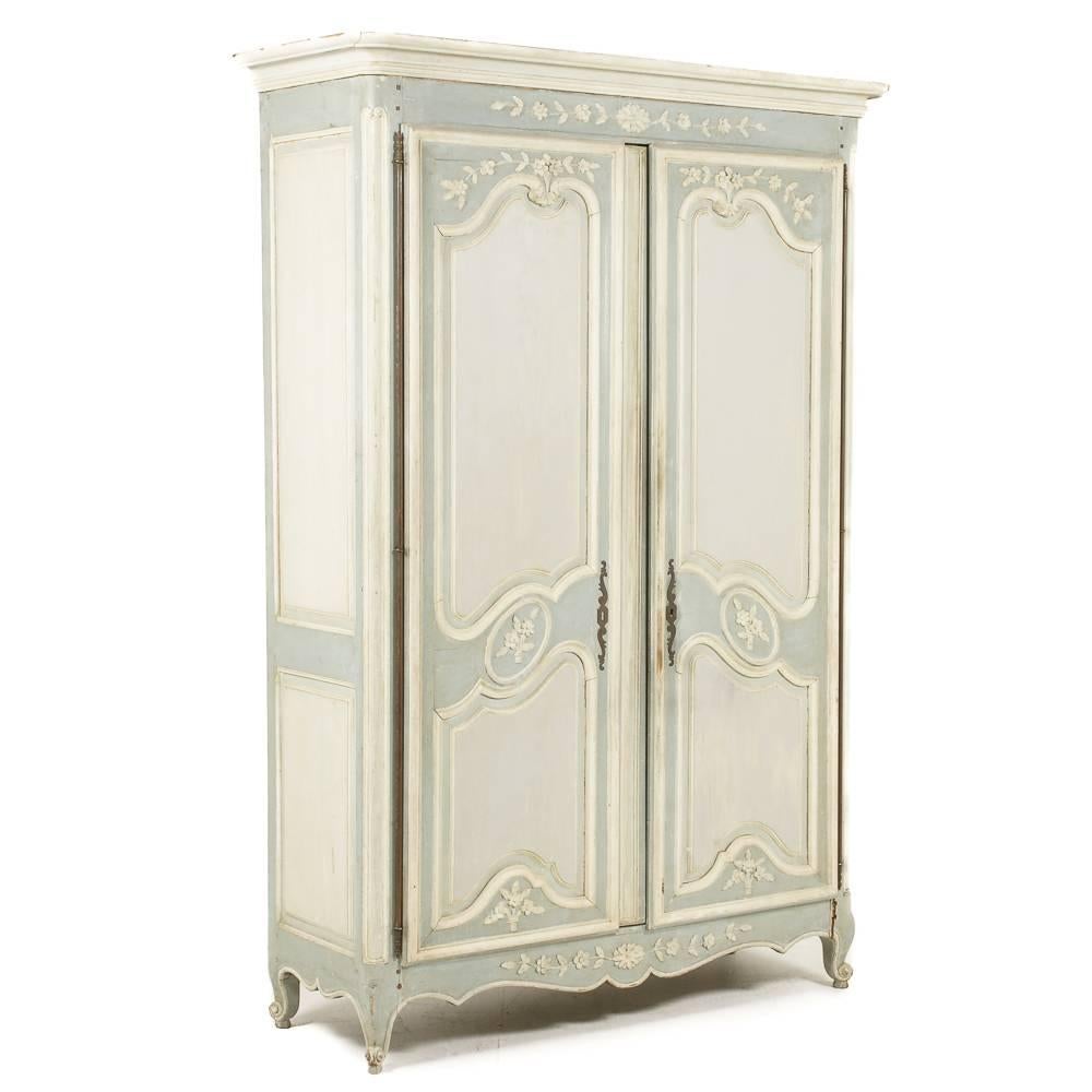 19th Century Antique French Carved Painted Louis XV-Style Armoire
