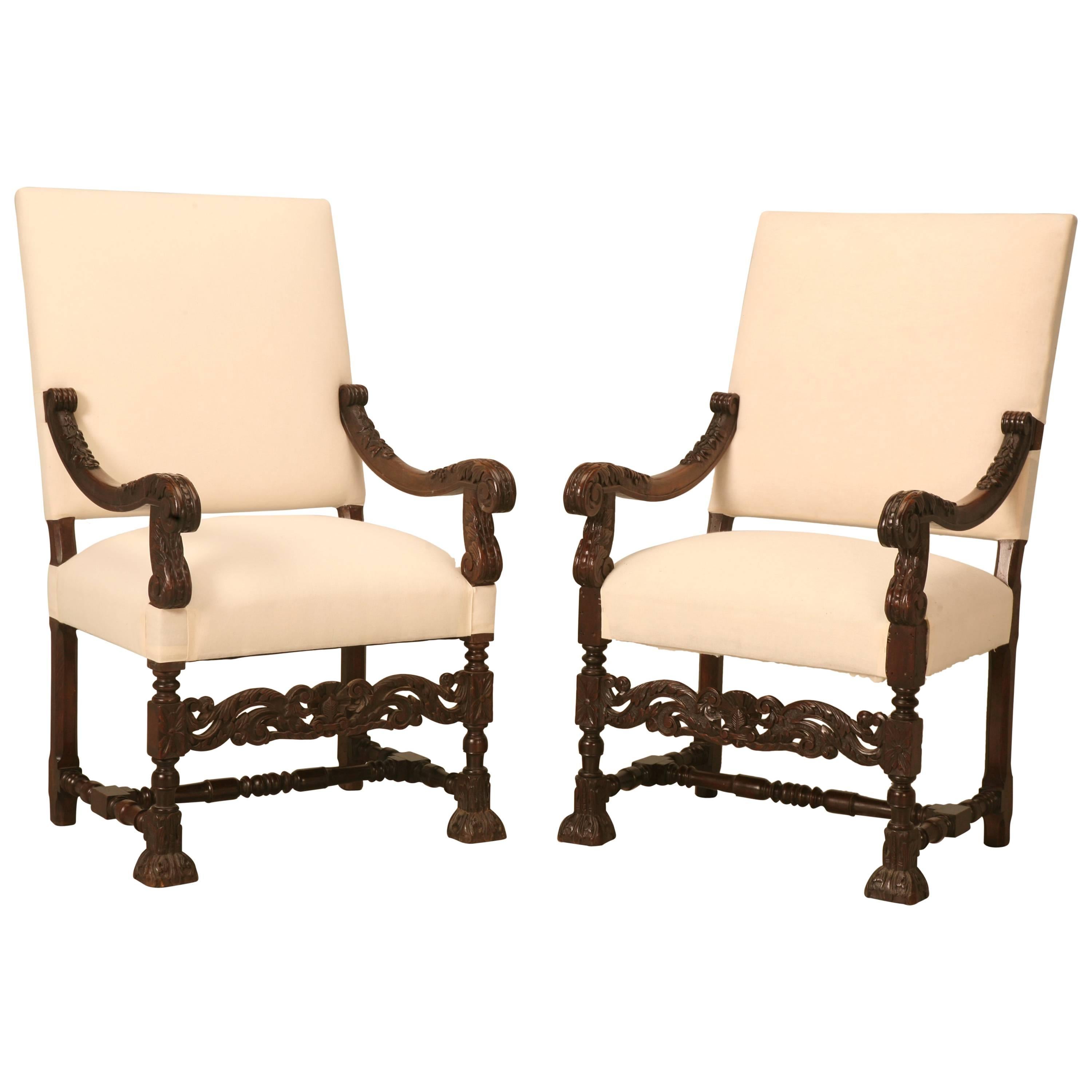 Antique French Carved Pair of French Walnut Throne or Armchairs