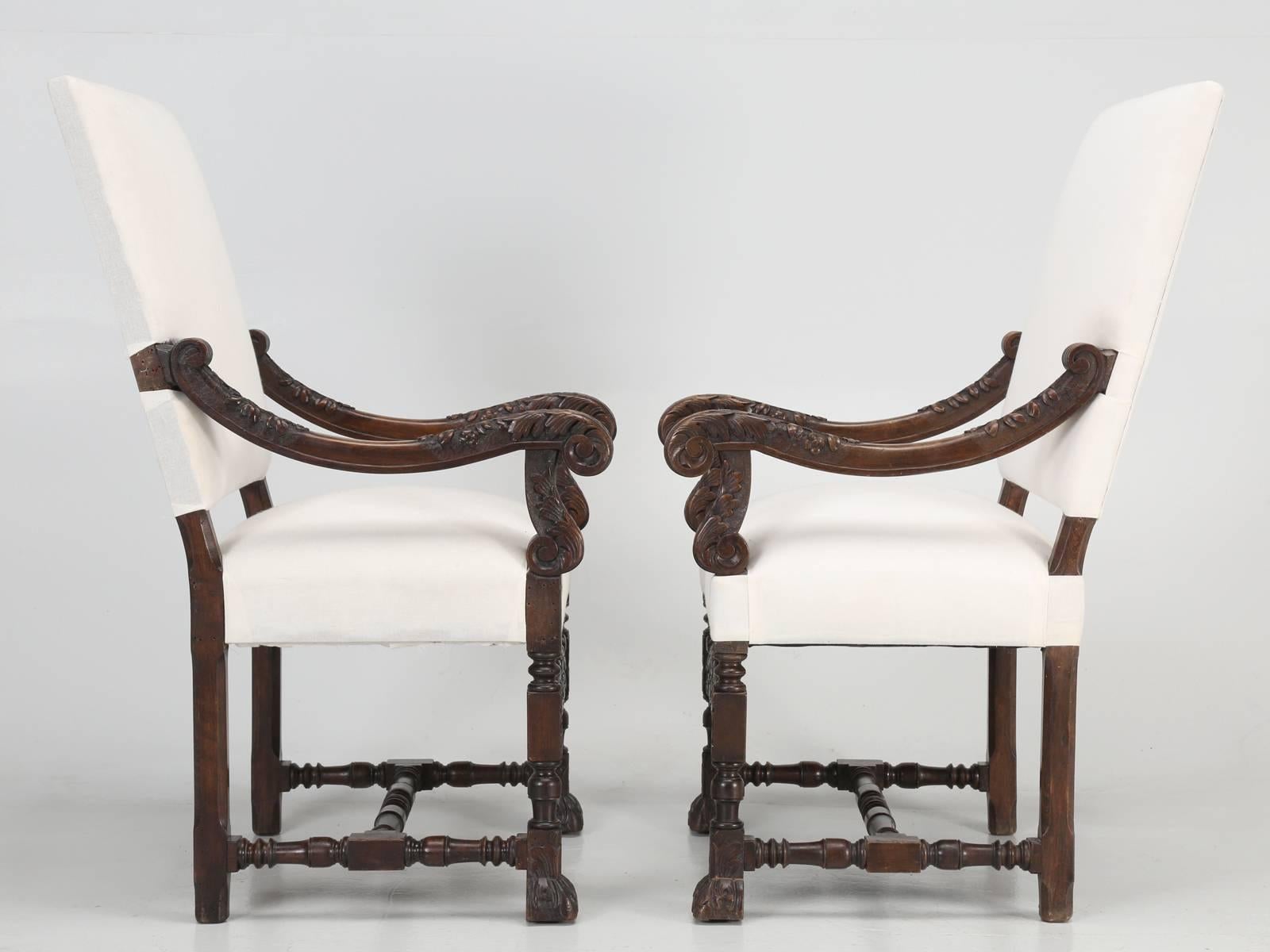 Antique French Carved Pair of Walnut Throne Chairs or Arm Chairs, Restored 6