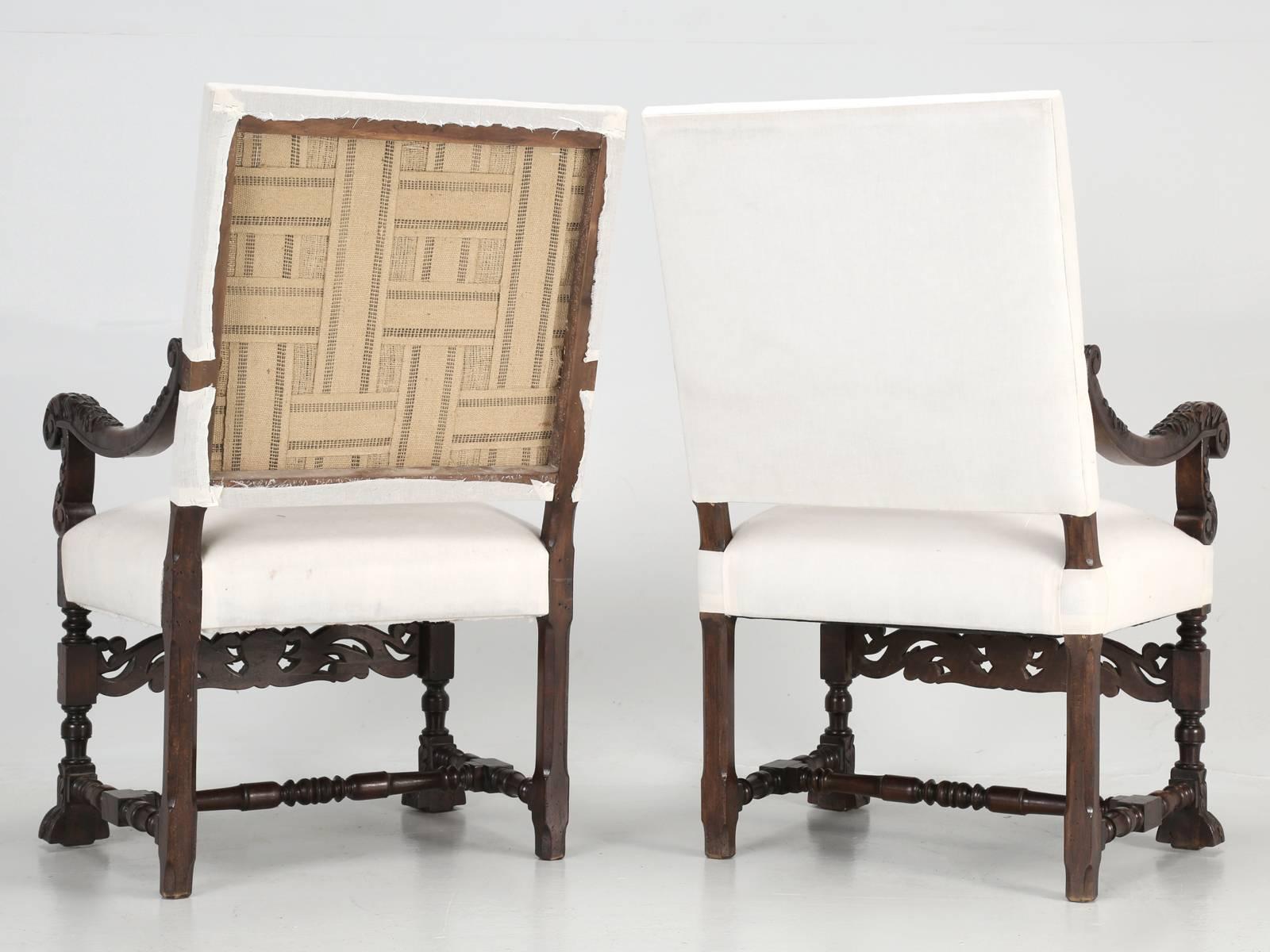 Antique French Carved Pair of Walnut Throne Chairs or Arm Chairs, Restored 7