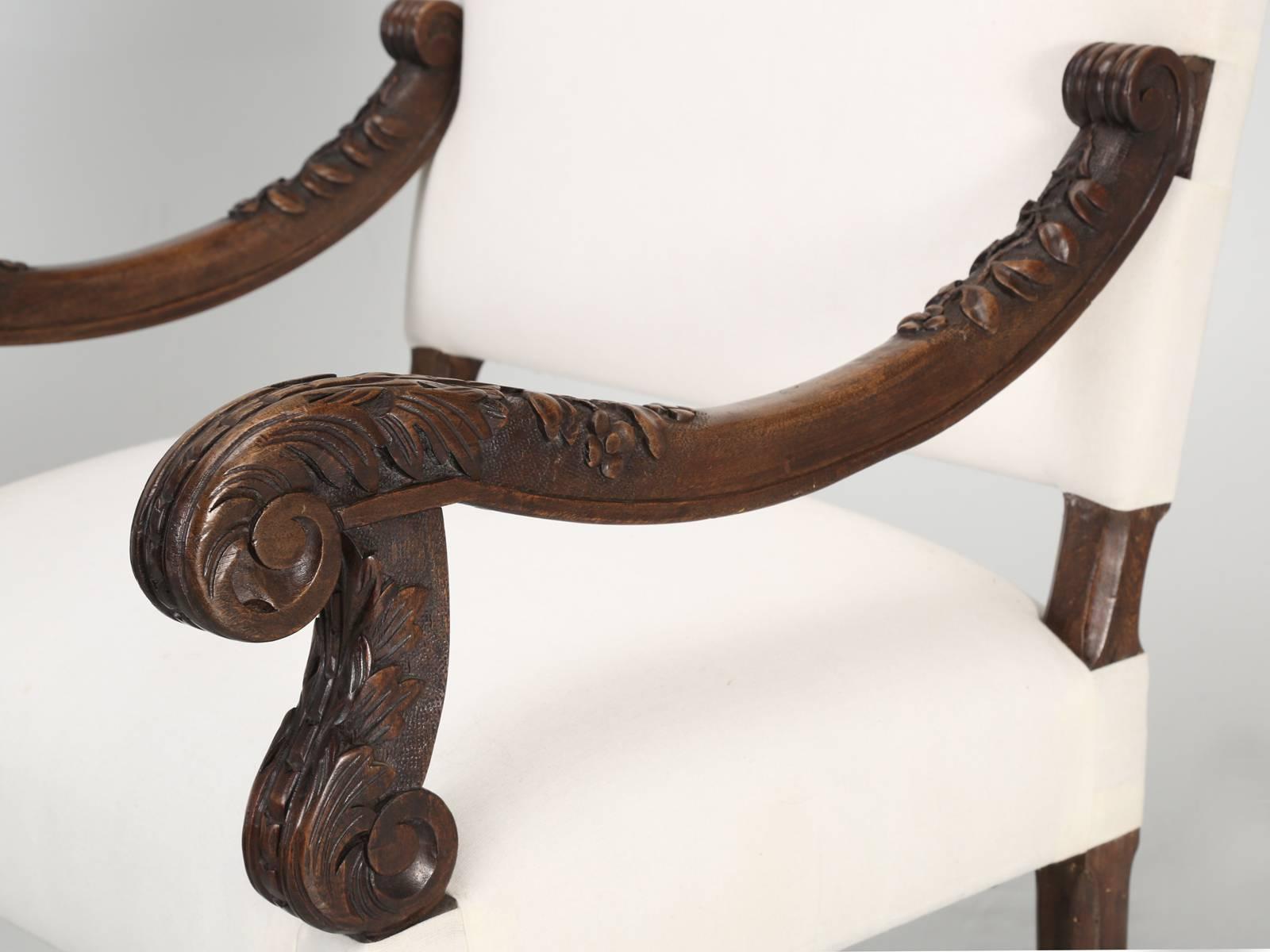 Hand-Carved Antique French Carved Pair of Walnut Throne Chairs or Arm Chairs, Restored