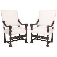 Antique French Carved Pair of Walnut Throne Chairs or Arm Chairs, Restored