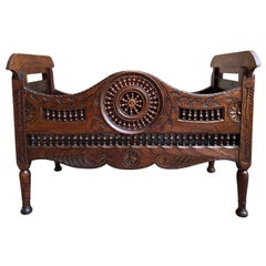Antique French Carved Planter Breton Brittany Oak Doll Bed Fireside Box c1890