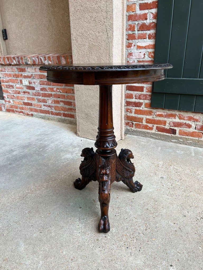 Antique French Carved Round End Table Neoclassical Walnut Tripod