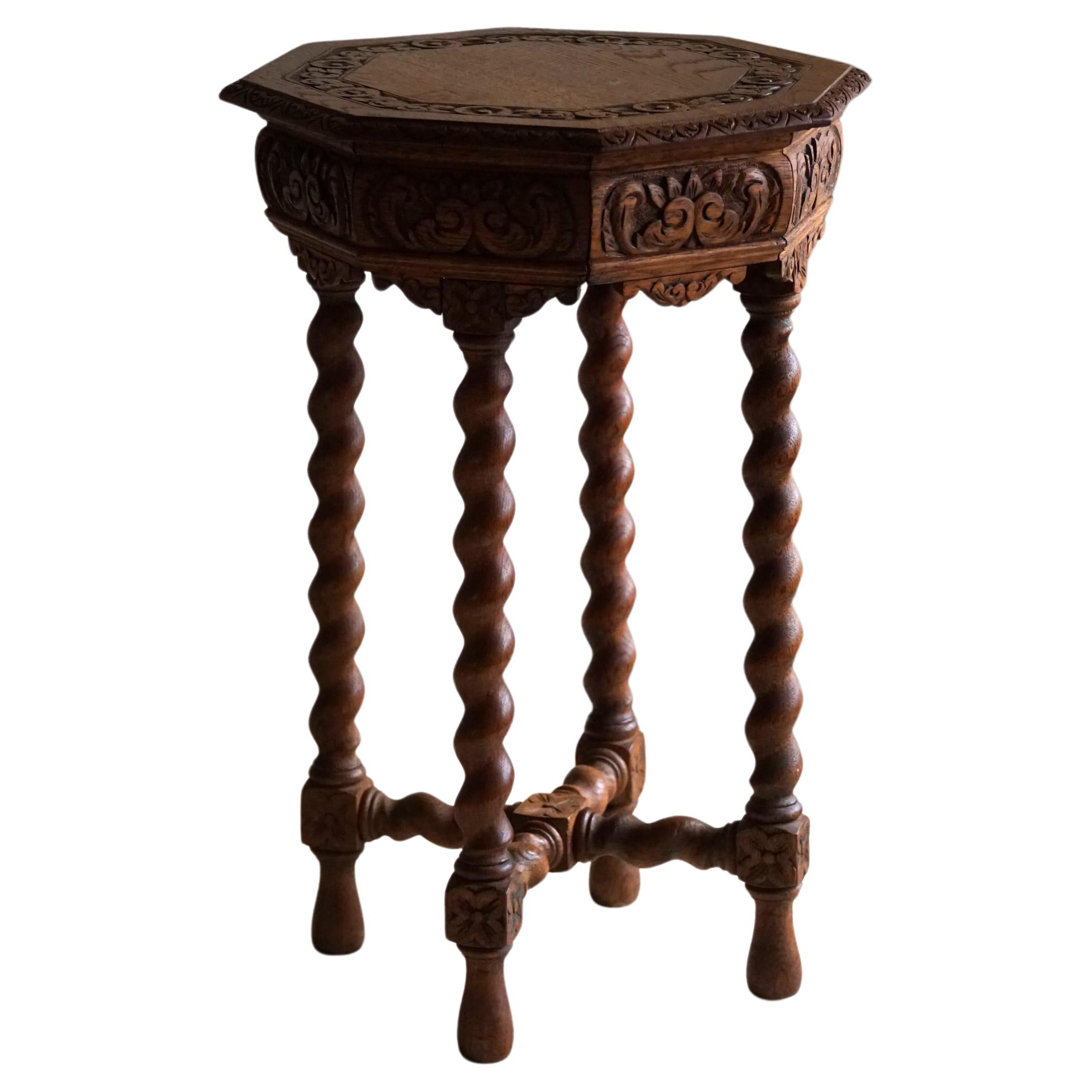 Antique French Carved Side Table in Oak, Barley Twisted Legs, 19th Century  For Sale