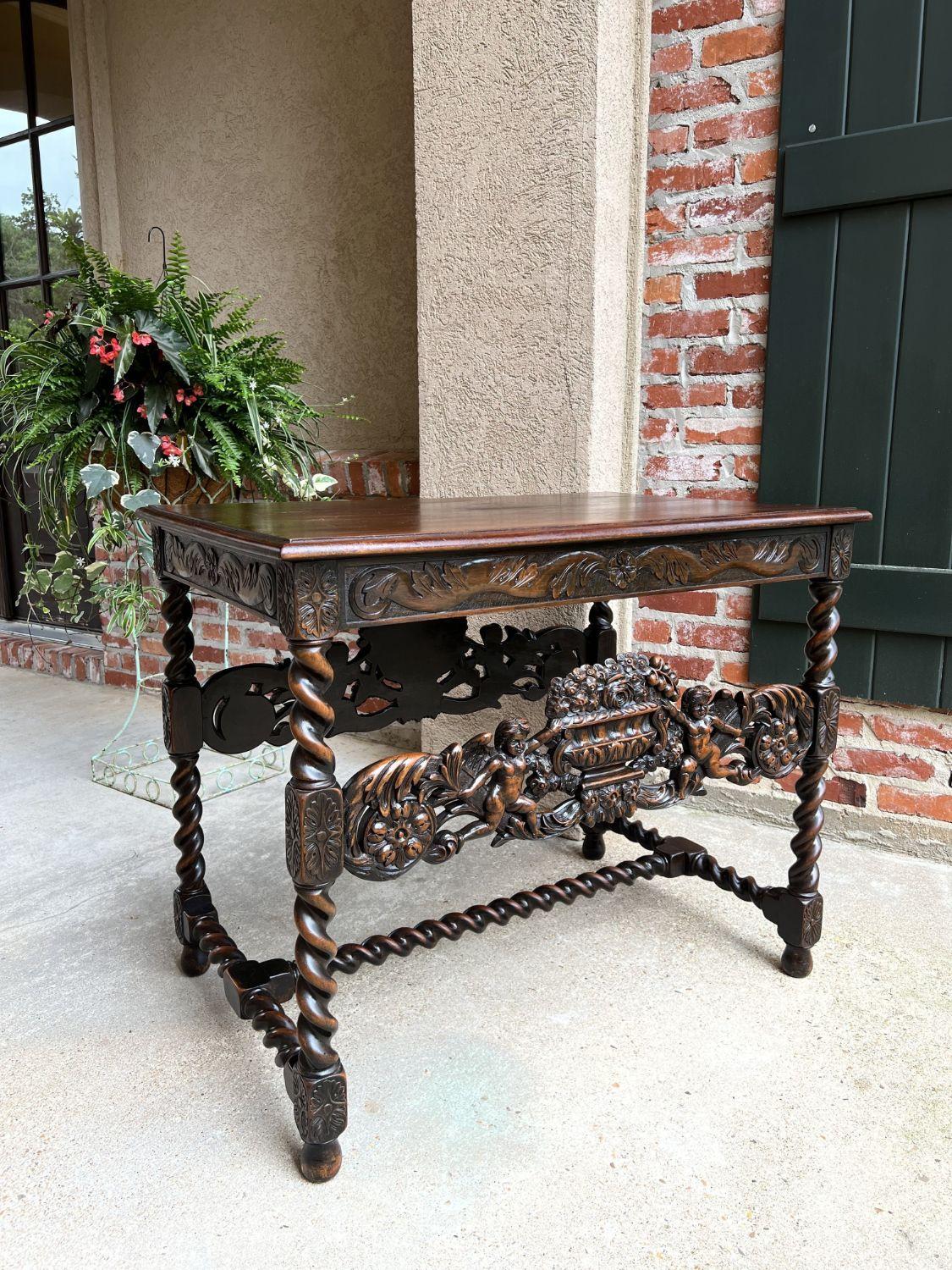 Antique French Carved Sofa Center Table Barley Twist Renaissance Cherub Dark Oak 9
