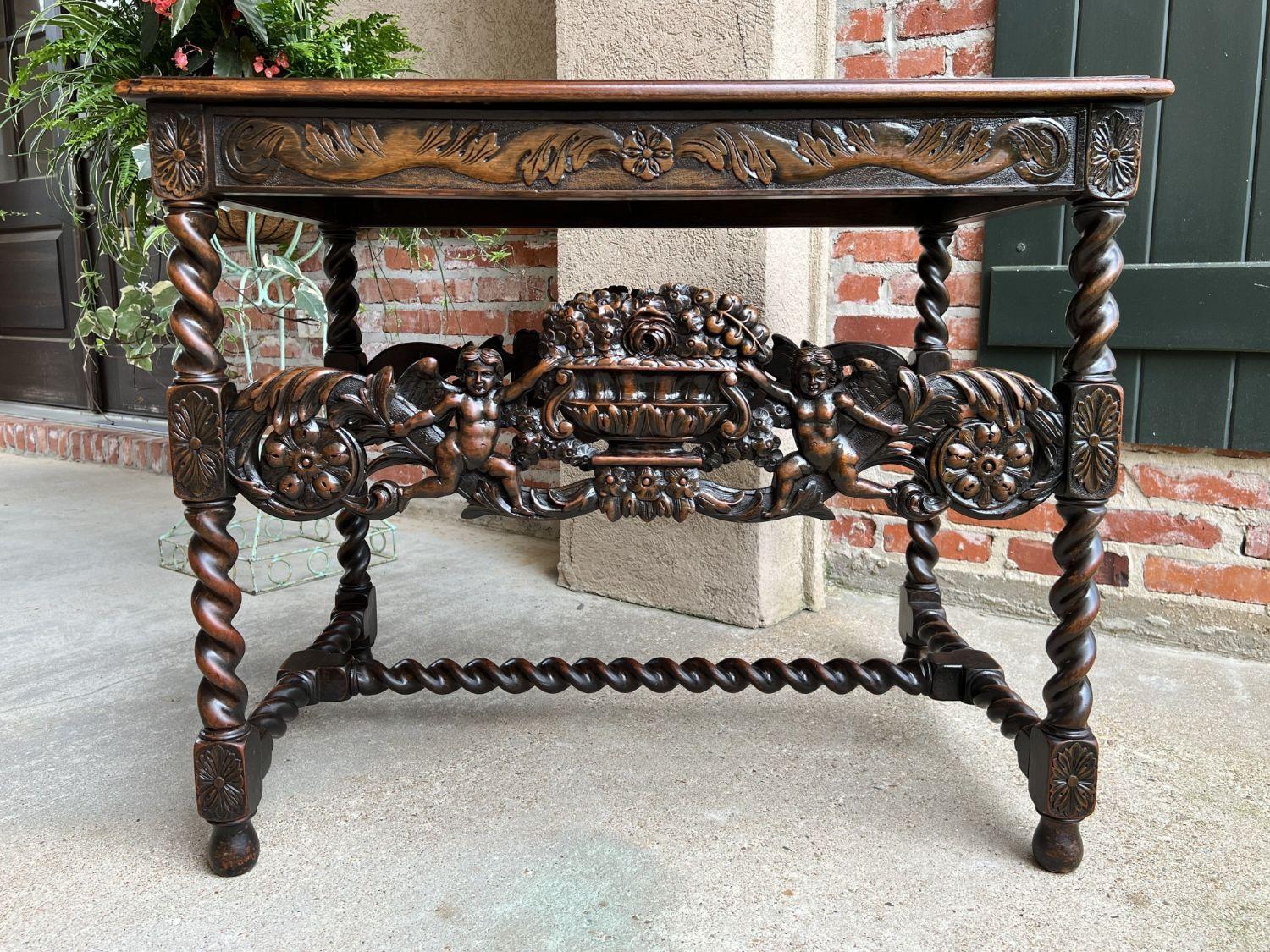 Antique French Carved Sofa Center Table Barley Twist Renaissance Cherub Dark Oak 10