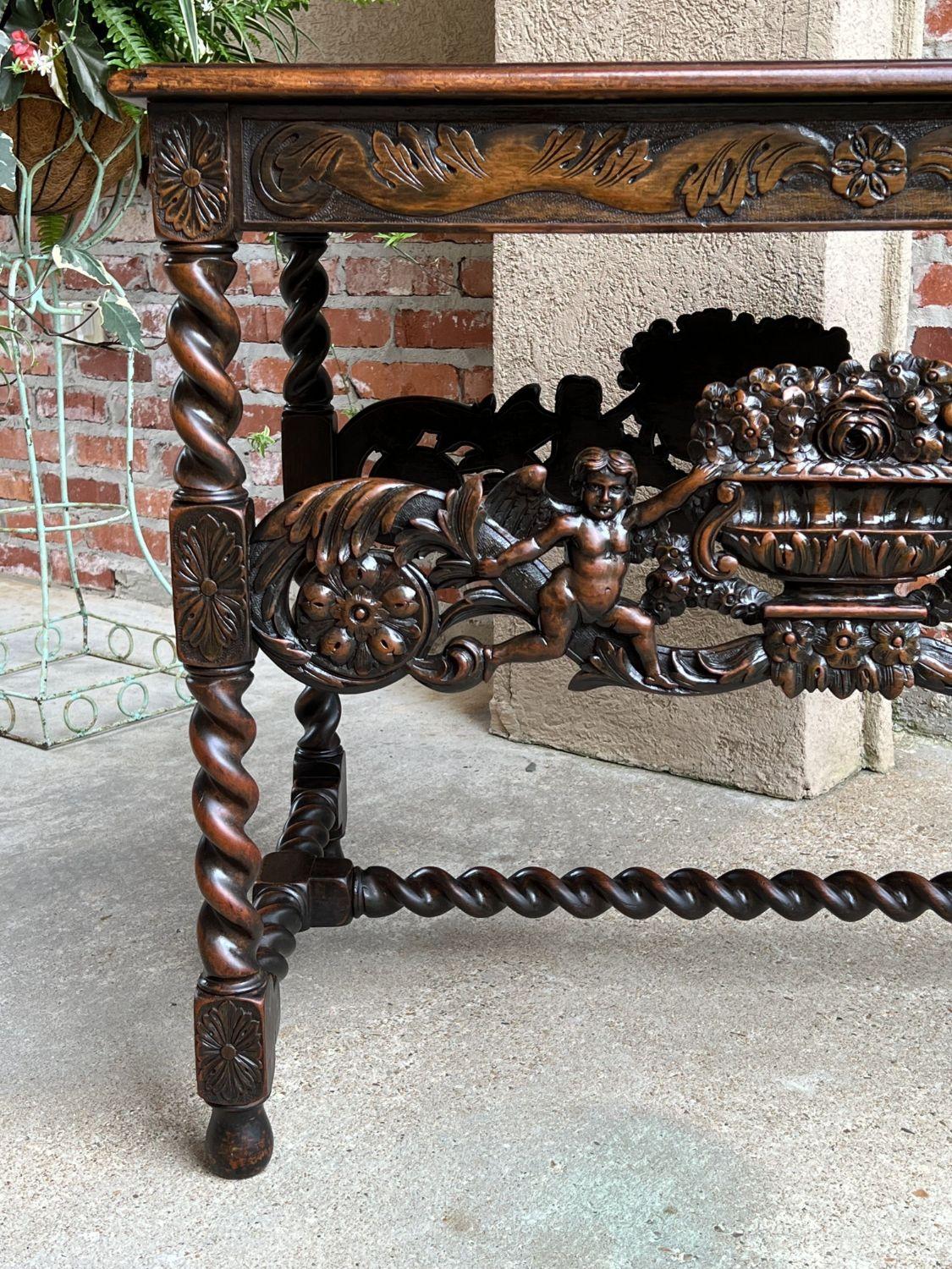Antique French Carved Sofa Center Table Barley Twist Renaissance Cherub Dark Oak 11