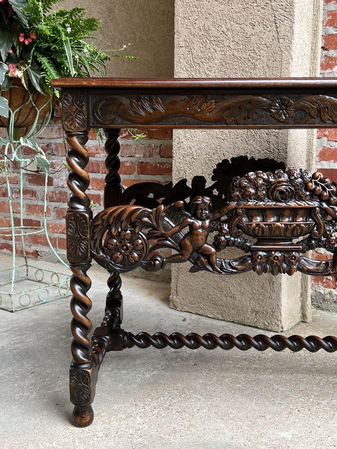 Antique French Carved Sofa Center Table Barley Twist Renaissance Cherub Dark Oak 13