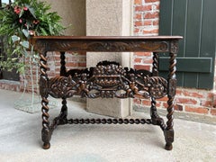 Antique French Carved Sofa Center Table Barley Twist Renaissance Cherub Dark Oak