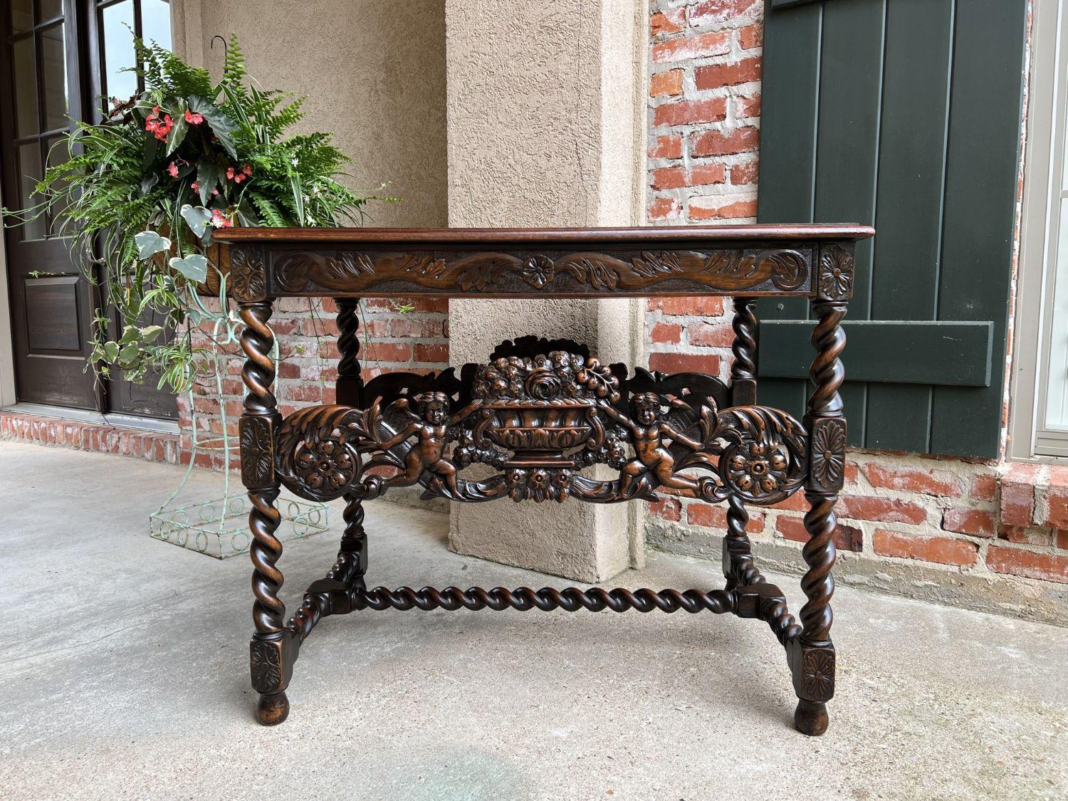 Antique French Carved Sofa Center Table Barley Twist Renaissance Cherub Dark Oak In Good Condition In Shreveport, LA