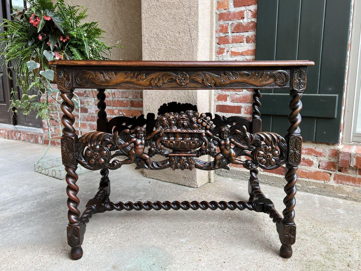 Early 20th Century Antique French Carved Sofa Center Table Barley Twist Renaissance Cherub Dark Oak