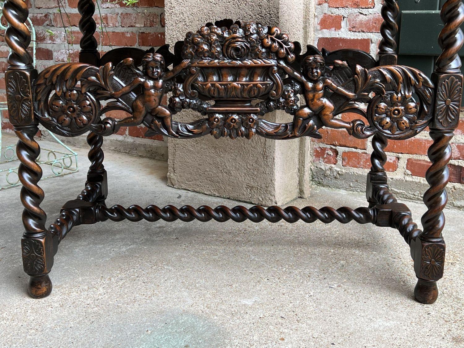 Antique French Carved Sofa Center Table Barley Twist Renaissance Cherub Dark Oak 2