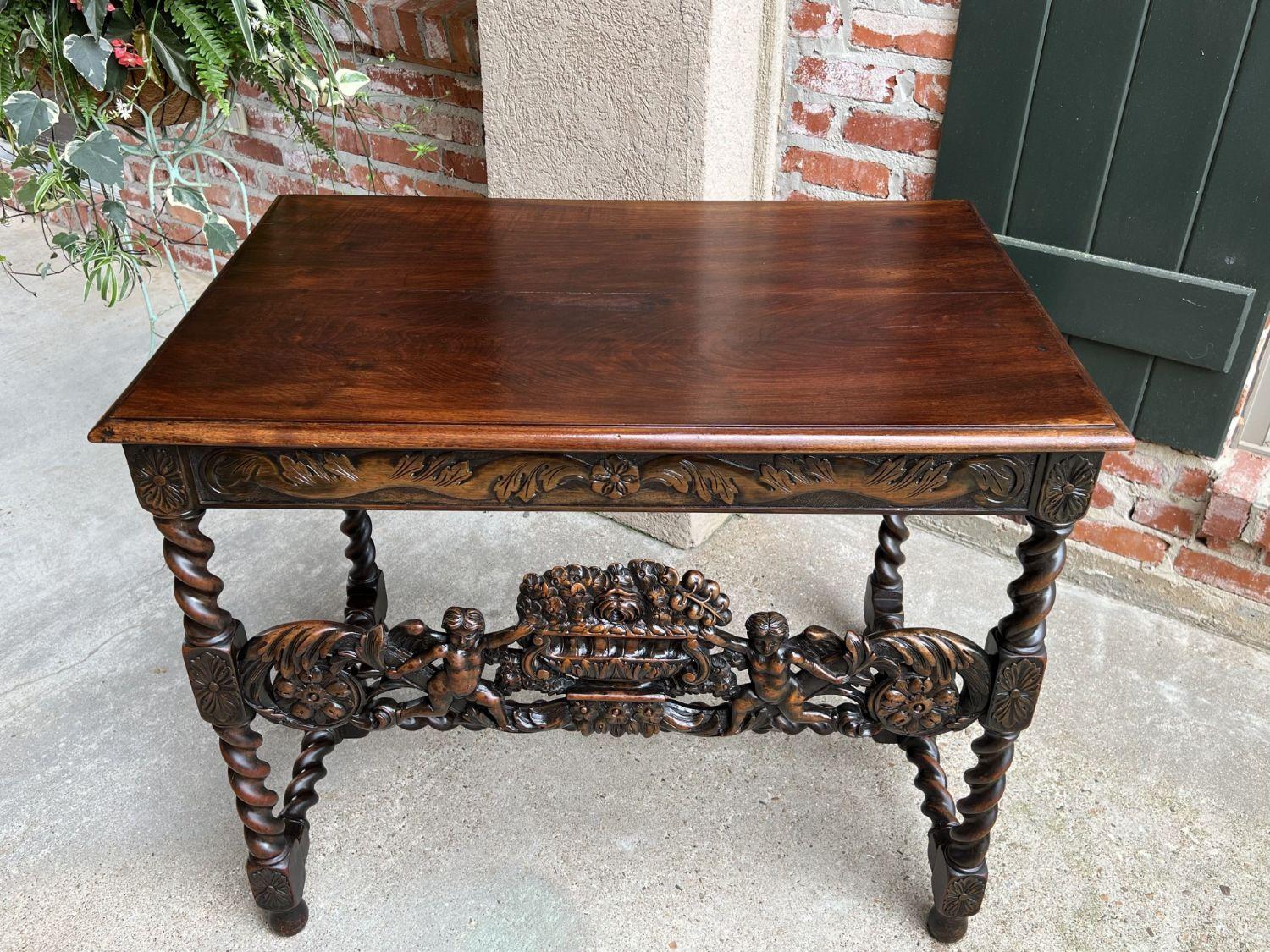 Antique French Carved Sofa Center Table Barley Twist Renaissance Cherub Dark Oak 5