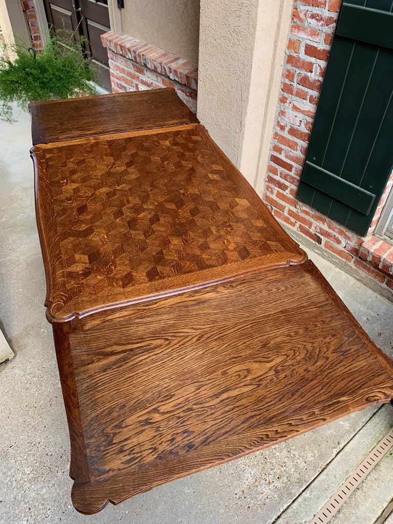 Antique French Carved Tiger Oak Parquet Dining Table Draw Leaf Ram Hoof