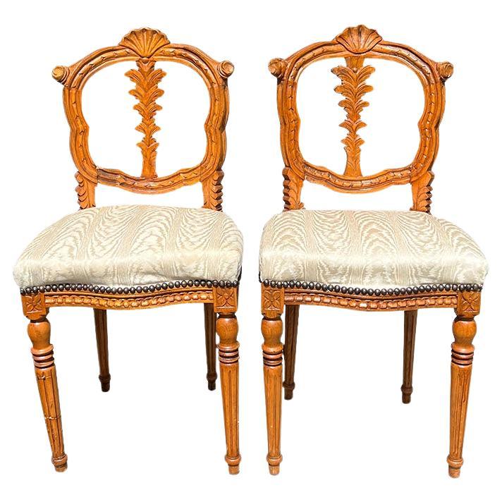 Antique French Carved Upholstered Wood Grotto Shell Motif Chairs - A Pair