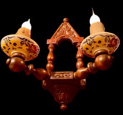 Antique French Walnut Carved and Hand Painted Faience Wall Sconce C 1915