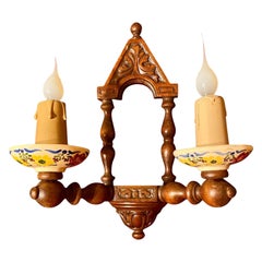 Antique French Carved Walnut And Hand Painted Faience Wall Sconce C 1915