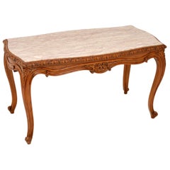 Antique French Carved Walnut and Marble Coffee Table