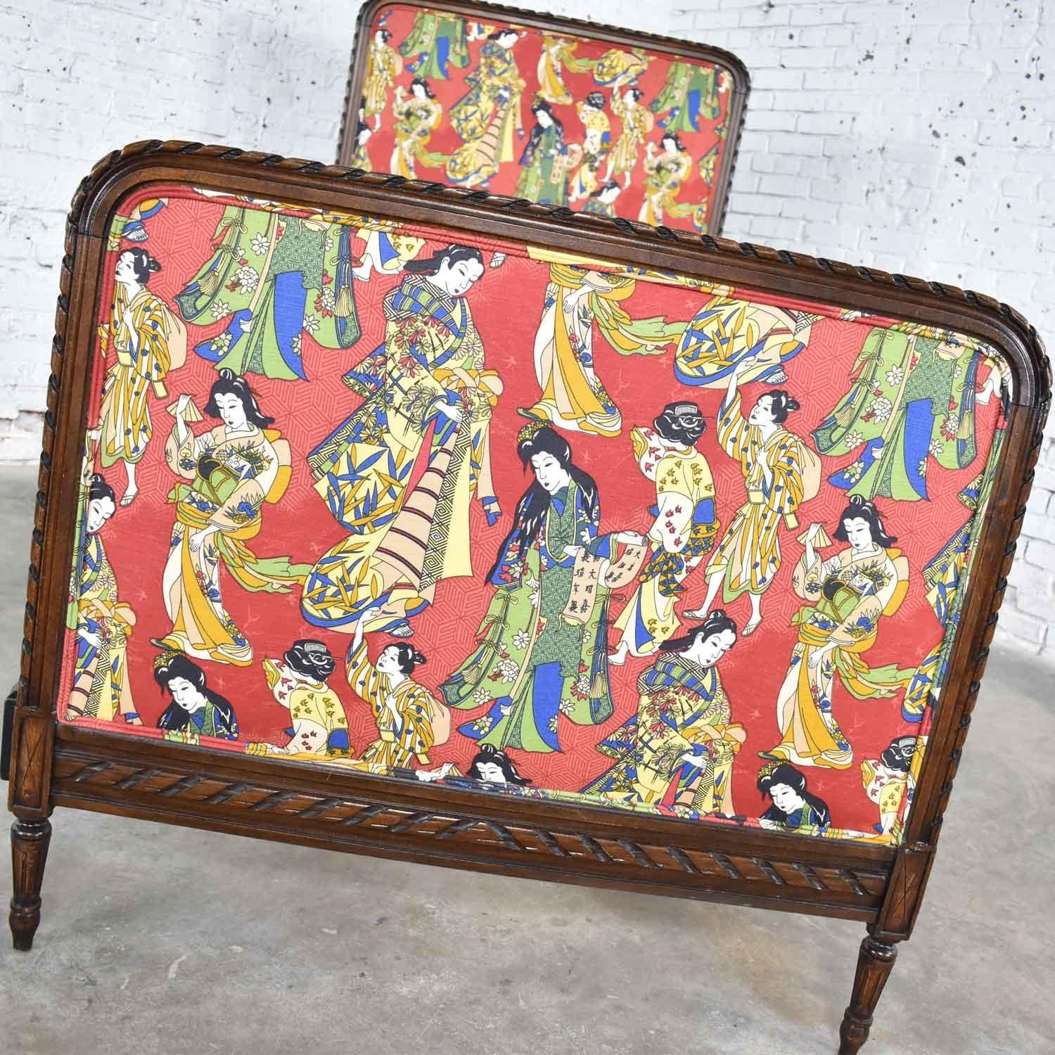 Antique French Carved Walnut and Upholstered Twin Bed with Asian Figural Fabric For Sale 3