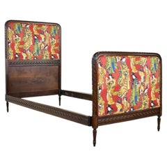 Antique French Carved Walnut and Upholstered Twin Bed With Asian Figural Fabric